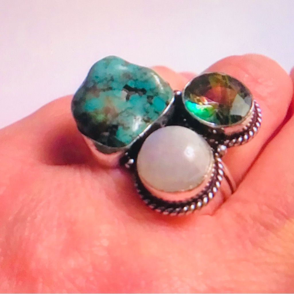Turquoise Mystic Topaz Moonstone 925 Sterling Silver Ring